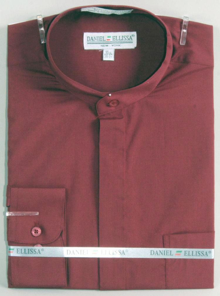 "Burgundy Men's Classic French Front Dress Shirt with Banded Collar"