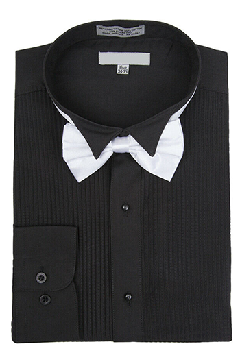 "Black Tuxedo Shirt & Bowtie Set - Men's Regular Fit Wing Collar Mini Pleat"