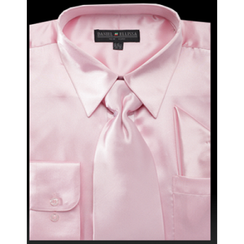 Pink Satin Dress Shirt Set for Men - Regular Fit with Tie & Pocket Square