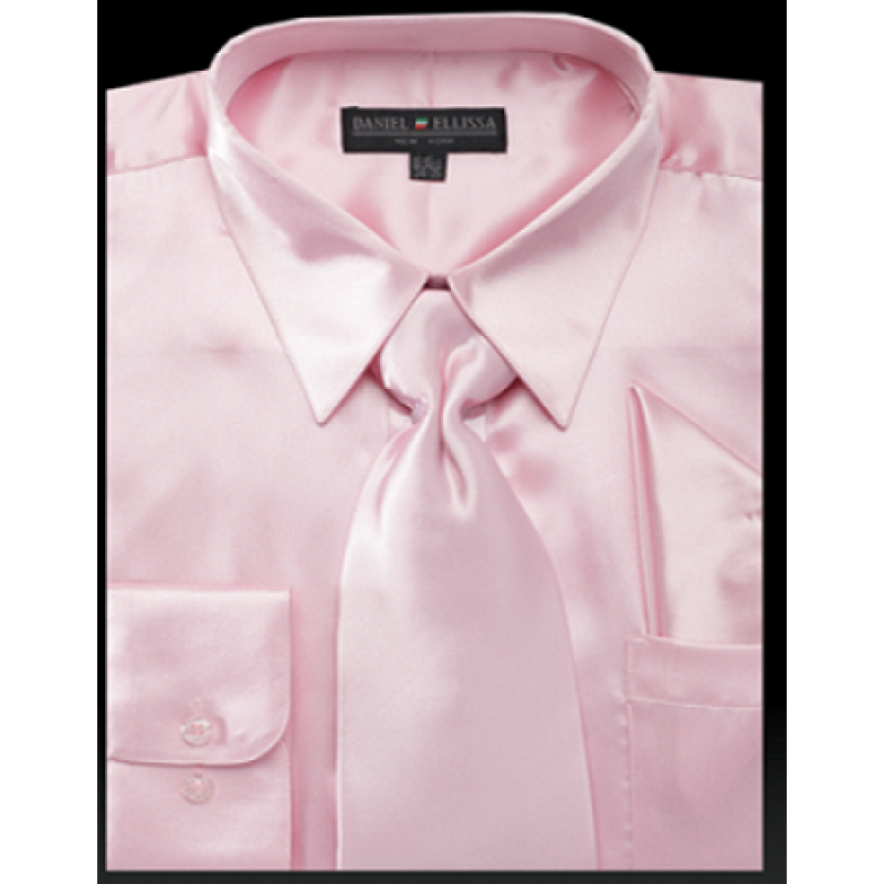 Pink Satin Dress Shirt Set for Men - Regular Fit with Tie & Pocket Square - 14Â½   32/33