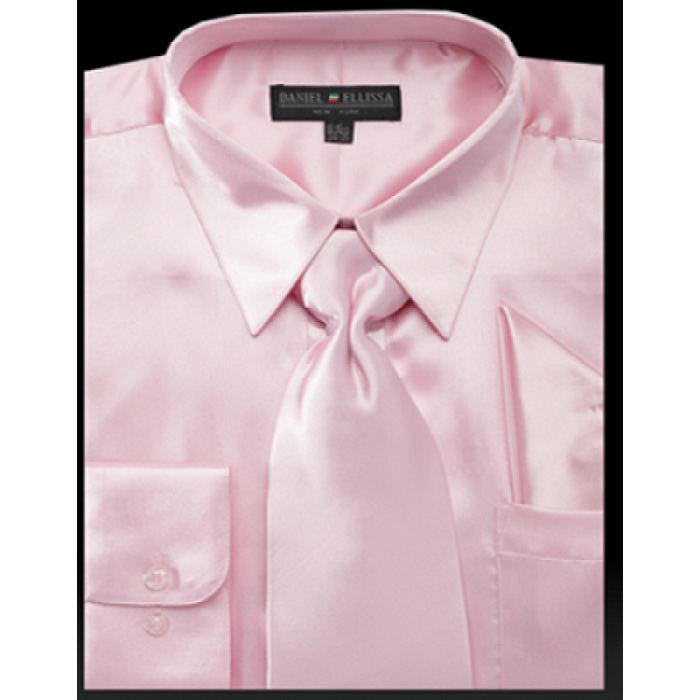 Pink Satin Dress Shirt Set for Men - Regular Fit with Tie & Pocket Square
