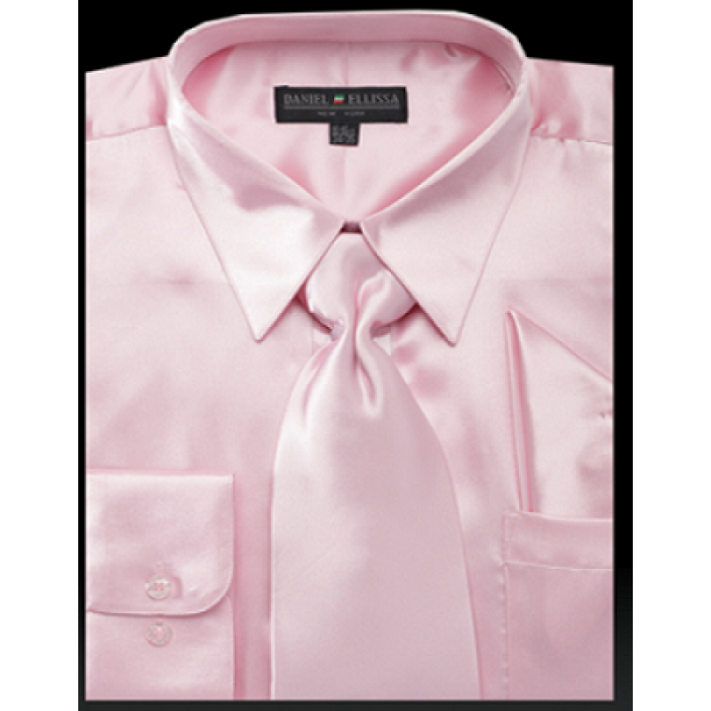 Pink Satin Dress Shirt Set for Men - Regular Fit with Tie & Pocket Square
