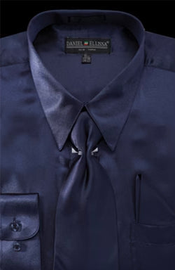 "Navy   Men's Satin Dress Shirt Set - Regular Fit with Tie & Pocket Square"