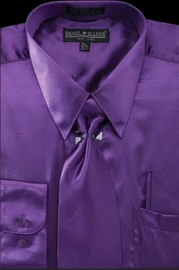 Purple Satin Dress Shirt Set for Men - Regular Fit with Tie & Pocket Square - 14Â½   32/33