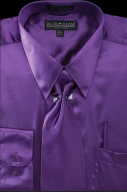 Purple Satin Dress Shirt Set for Men - Regular Fit with Tie & Pocket Square