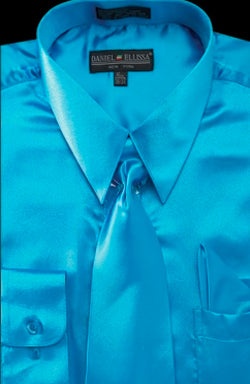 "Turquoise Satin Dress Shirt Set for Men - Regular Fit with Tie & Pocket Square" - 14Â½   32/33