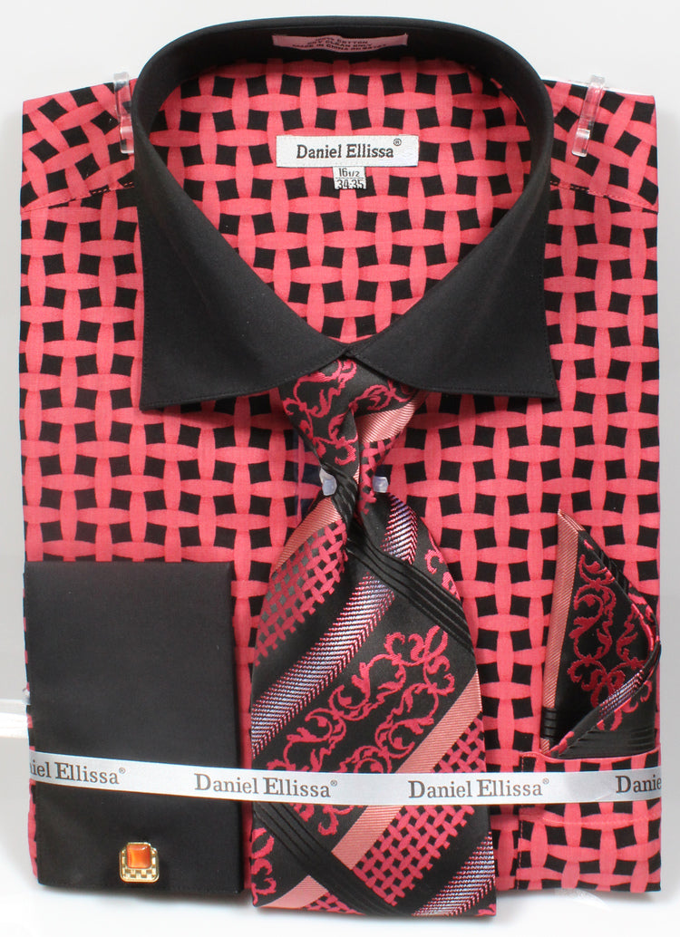 "Men's Black & Coral Lattice Dress Shirt Set with Contrast Collar - French Cuff"