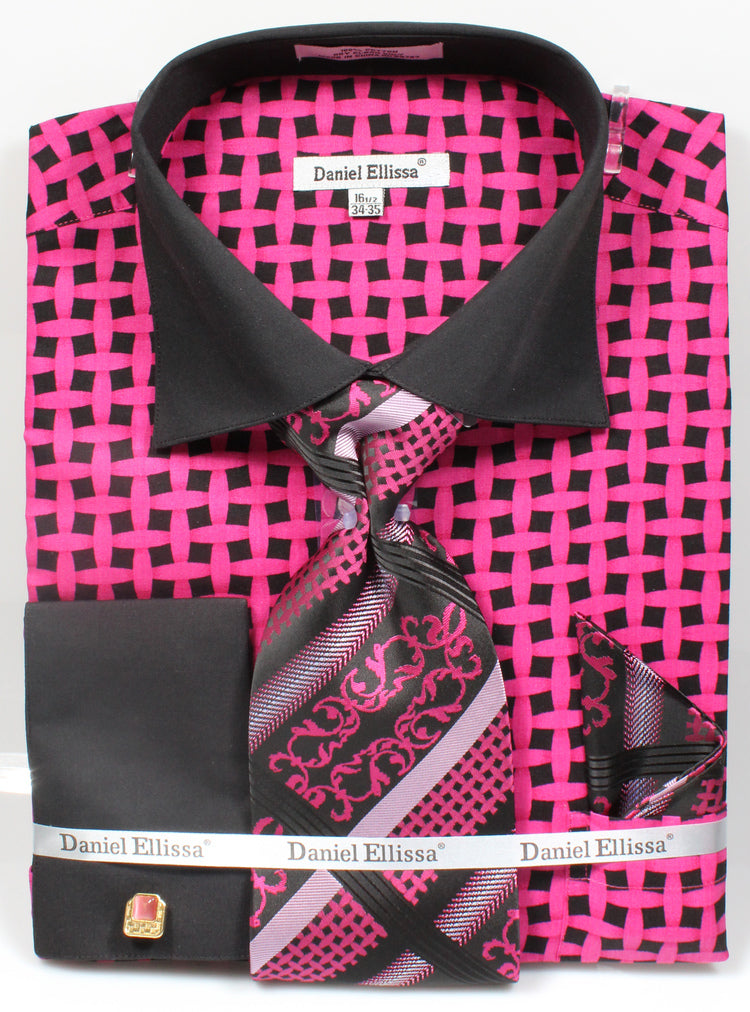 "French Cuff Men's Dress Shirt & Tie Set - Contrast Collar Lattice Pattern"