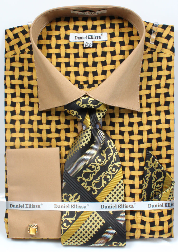 "Men's French Cuff Dress Shirt Set - Black & Mustard Lattice Pattern"