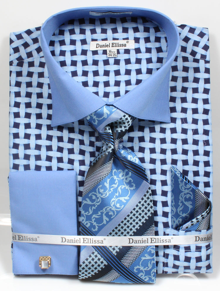 Blue Men's Lattice Pattern Dress Shirt & Tie Set with Contrast Collar