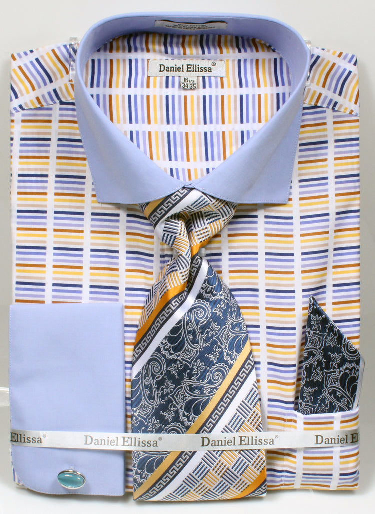 "Blue Men's Stripe Dress Shirt & Tie Set - Wide Spread Collar, Contrast Cuff"