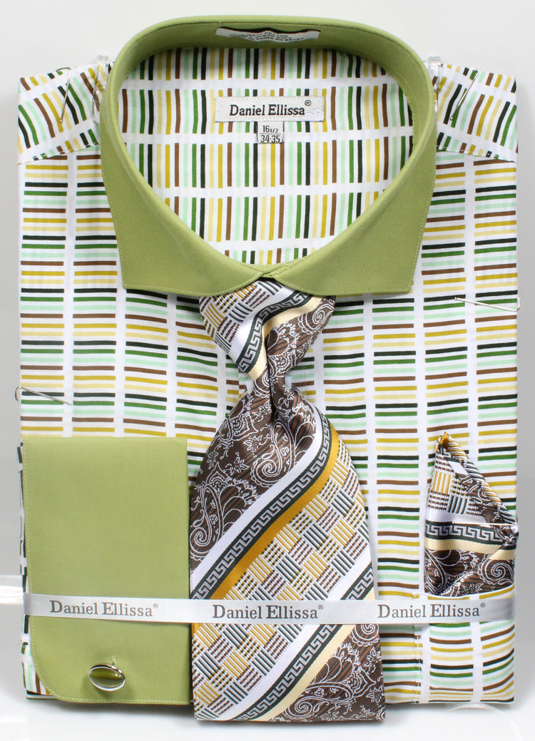 "Green Men's Stripe Dress Shirt & Tie Set - Wide Spread Collar, Contrast Cuff"