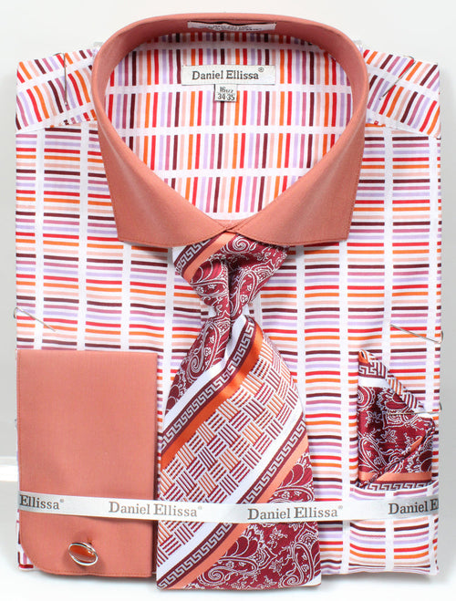"Rust Men's Stripe Dress Shirt & Tie Set - Wide Spread Collar, Contrast Cuff"