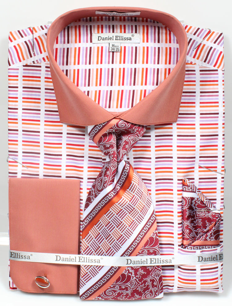 "Rust Men's Stripe Dress Shirt & Tie Set - Wide Spread Collar, Contrast Cuff" - 15Â½ 33/34