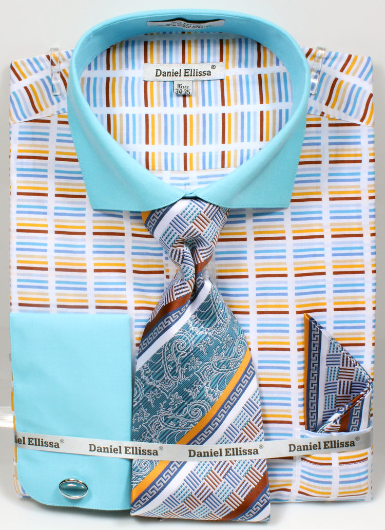 "Turquoise Men's Stripe Dress Shirt & Tie Set - Wide Spread Collar, Contrast Cuff"