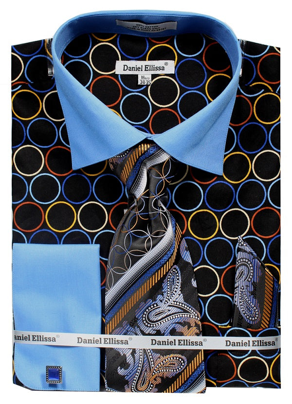 "Men's Circle Print French Cuff Dress Shirt & Tie Set - Black & Blue" - 15Â½ 33/34