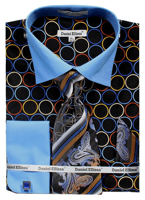 "Men's Circle Print French Cuff Dress Shirt & Tie Set - Black & Blue"