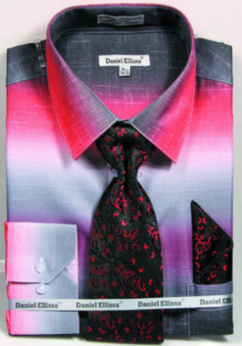 "Men's Red Dress Shirt & Tie Set - Multi-Color Faded Print" - 15Â½ 33/34