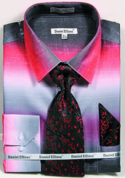 "Men's Red Dress Shirt & Tie Set - Multi-Color Faded Print"