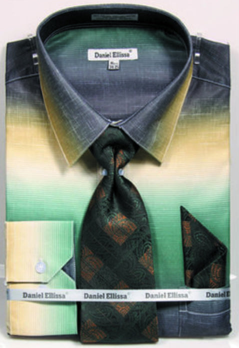 "Men's Faded Print Dress Shirt & Tie Set - Multi-Color Green, Brand Name" - 15Â½ 33/34