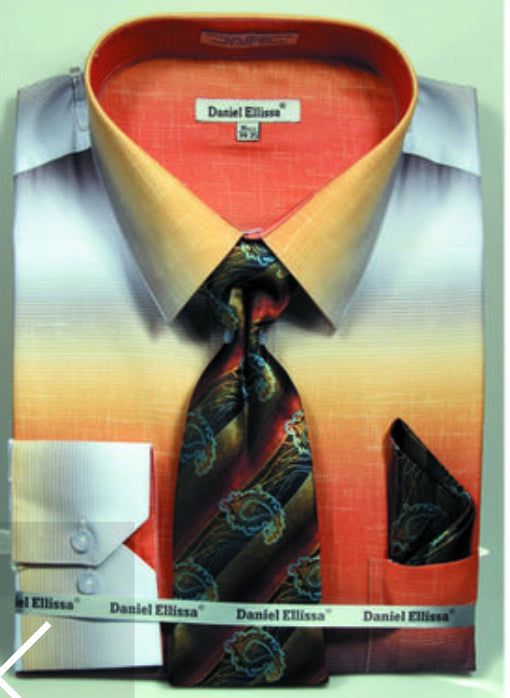 "Men's Dress Shirt & Tie Set - Multi-Color Faded Print in Mustard" - 15Â½ 33/34