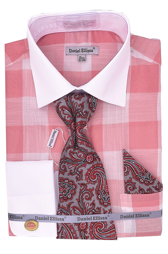 "Coral Pink Men's Plaid Dress Shirt Set with Contrast Collar & French Cuffs"