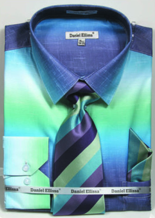 Aqua Blue Men's Dress Shirt & Tie Set - Multi-Color Faded Print