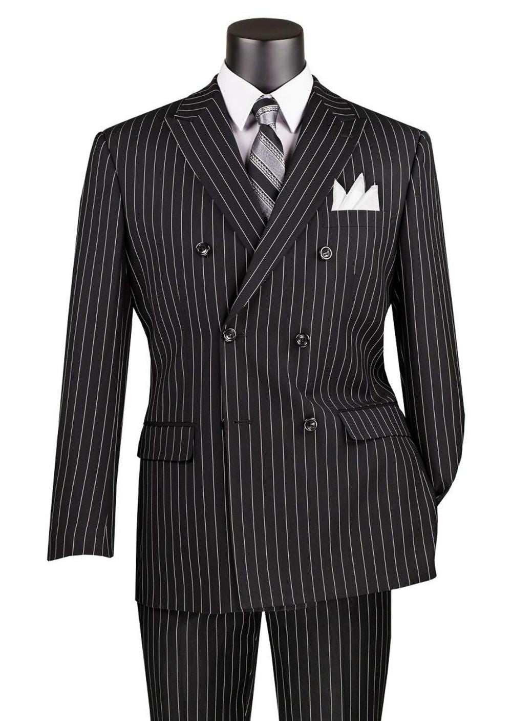 Rockefeller Collection - Double Breasted Stripe Suit Black Regular Fit 2 Piece - 36 Short