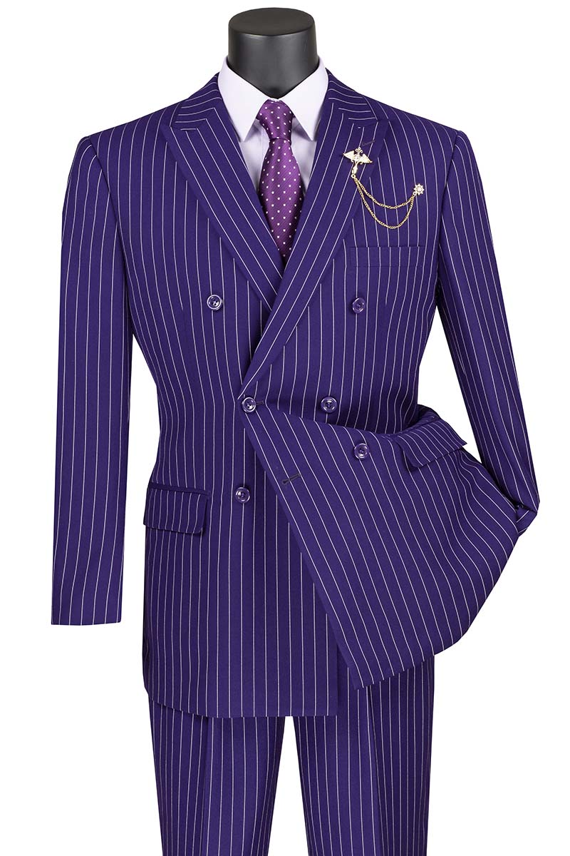 Rockefeller Collection - Double Breasted Stripe Suit Purple Regular Fit 2 Piece - Purple