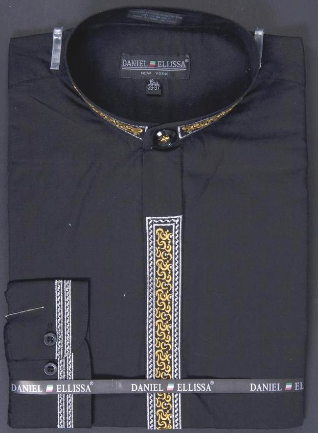 Men's Black Banded Collar Dress Shirt with Gold Embroidery