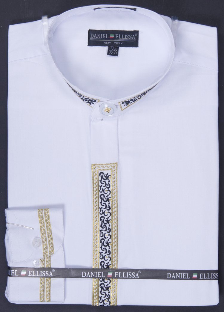 "Gold Embroidered White Banded Collar Dress Shirt for Men"