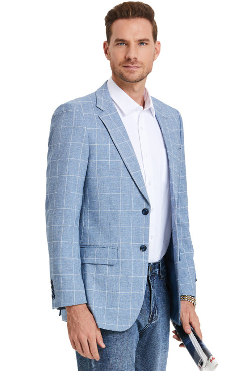 "Light Blue Men's Slim Fit Windowpane Plaid Business Casual Suit"