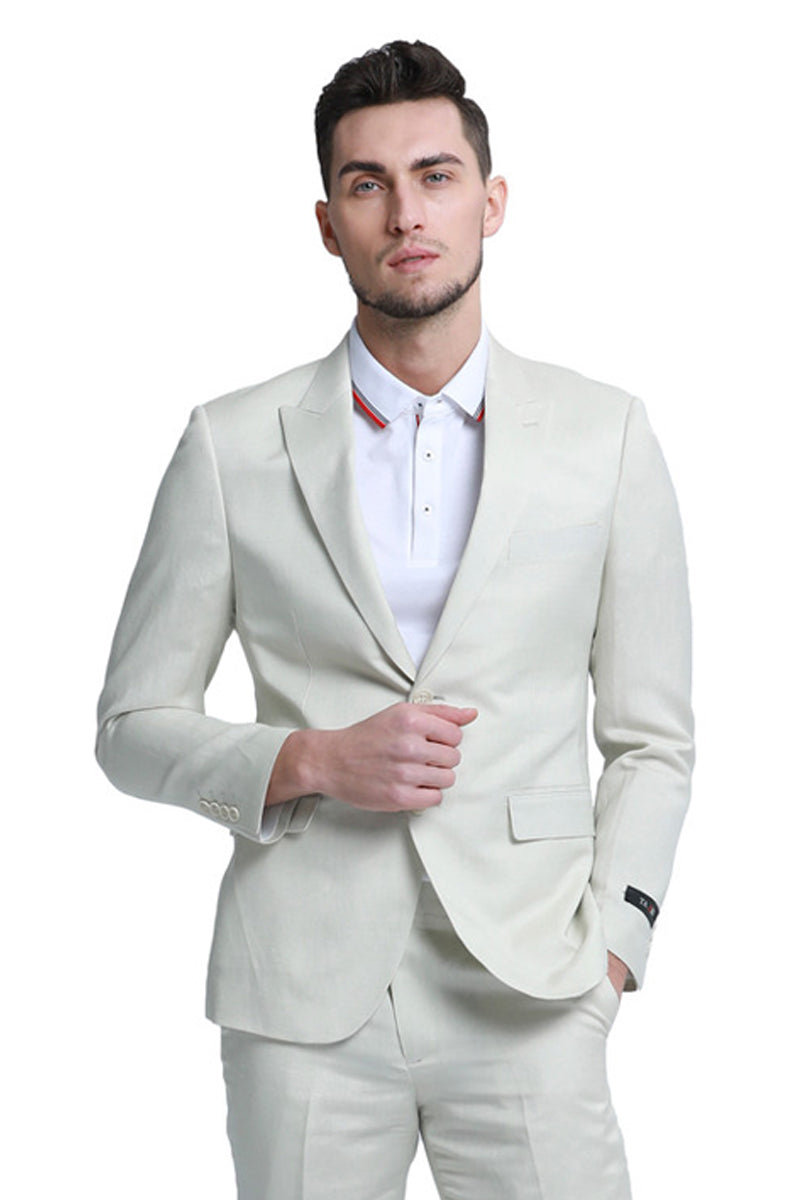 "Men's Summer Linen Beach Wedding Suit - Two Button Peak Lapel in Ivory"