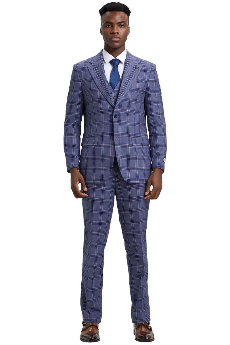 Men's Stacy Adams Two Button Vested Glen Plaid Check Suit in Light Purple Lavender - 38 Regular