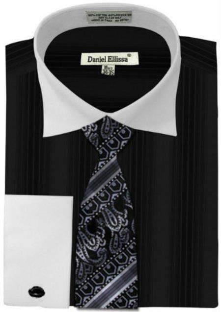 Daniel Ellissa Basic Two Tone French Cuff Set Black White Collar Two Toned Contrast Men's Dress Shirt