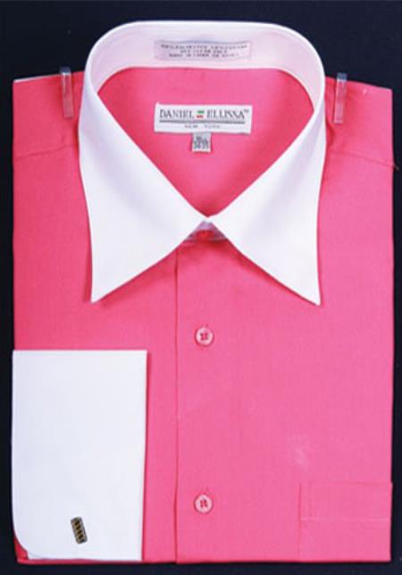 Pink Color Daniel Ellissa Bright Two Tone Solid French Cuff Fuchsia ~ Fuschia Dress Shirt Big And Tall Sizes White Collar Two Toned Contrast 18 19 20 21 22 Inch Neck Men's Dress Shirt