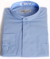 Daniel Ellissa Poly-Cotton Blend Banded Collar Light Blue Fashion Dress Collarless Men's Dress Shirt