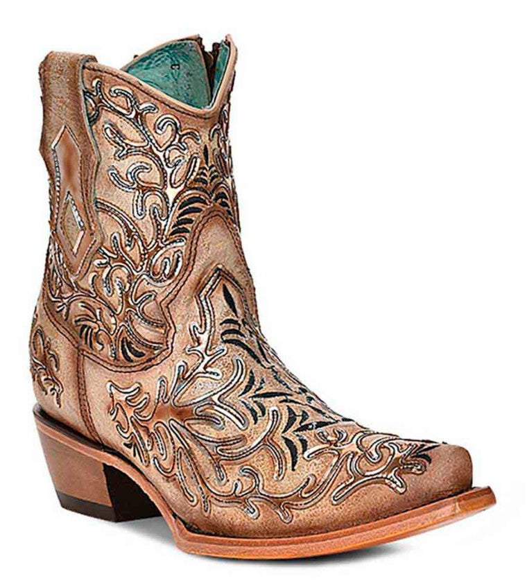 Tan Ankle Booties with Dark Embroidery and Mirrored Overlay and Toe Design - 8
