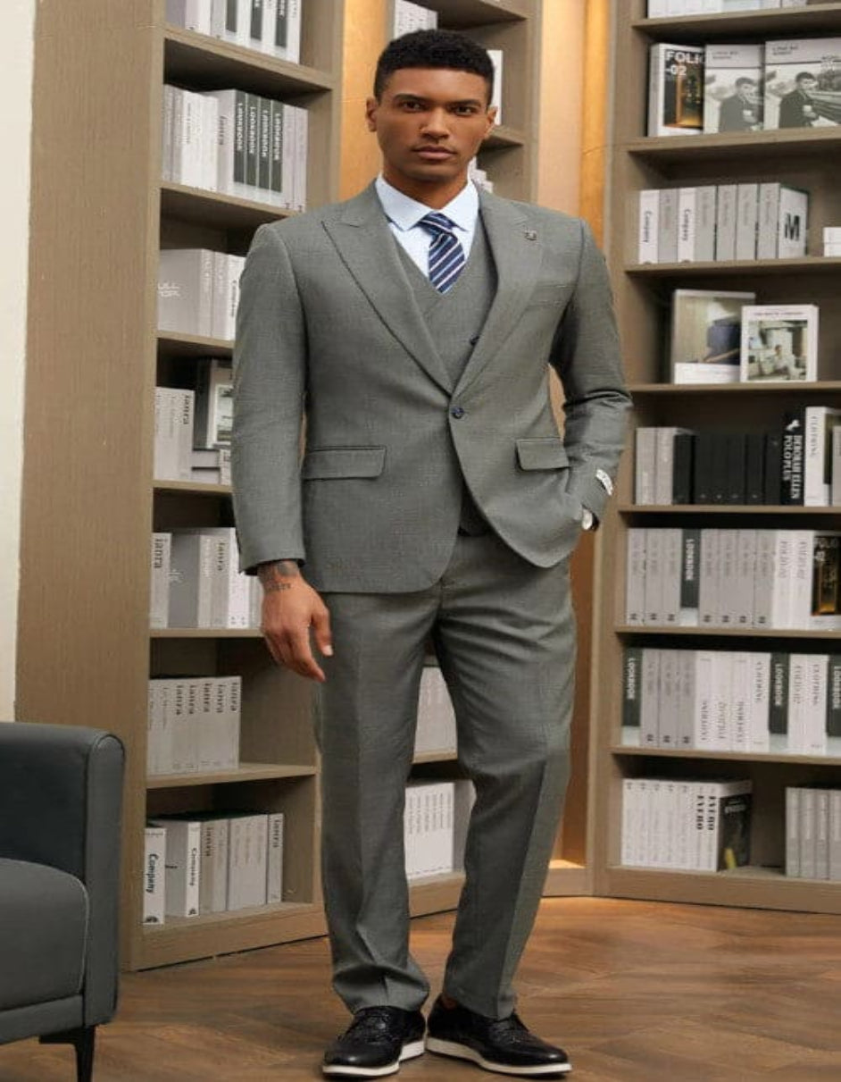 Men's Hybrid Fit Jacket Vested One Button Peak Lapel Designer Suit in Dark Green - Coat Size 38
