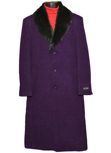 Men's (Removable ) Dress Coat Fur Collar Dark Purple 3 Button Full Length Overcoat ~ Long Men's Dress Topcoat - Winter coat full length Fabric Also - 52 Long