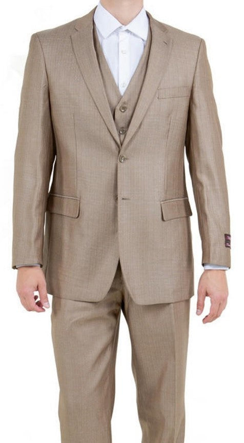 Mens Dark Tan 3 Piece Sharkskin Suit Single Breasted Modern Fit Notch Lapel - Coat Size 38