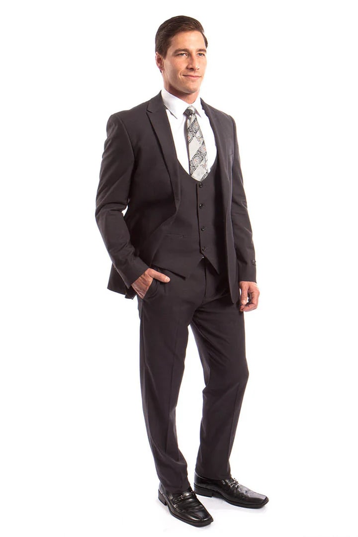 Cheap Suit - Men's One Button Peak Lapel Skinny Wedding & Prom Dark Grey Suit With Lowcut Vest