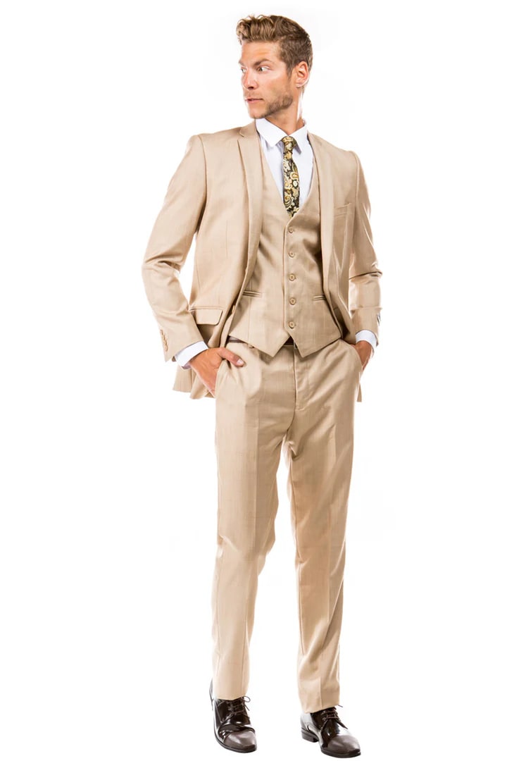 Cheap Suit - Men's Two Button Vested Business Sharkskin Dark Tan Suit