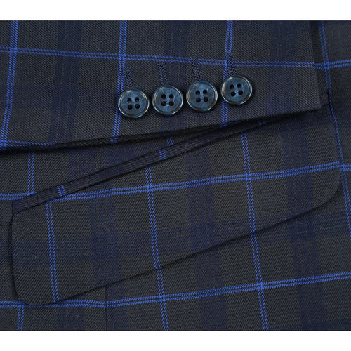 Cheap priced Suit - Mens Classic Fit Two Button Dark Blue Wide Suit Windowpane Plaid