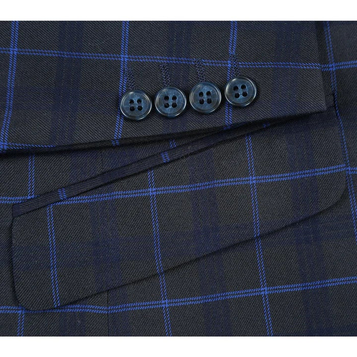 Cheap priced Suit - Mens Classic Fit Two Button Dark Blue Wide Suit Windowpane Plaid