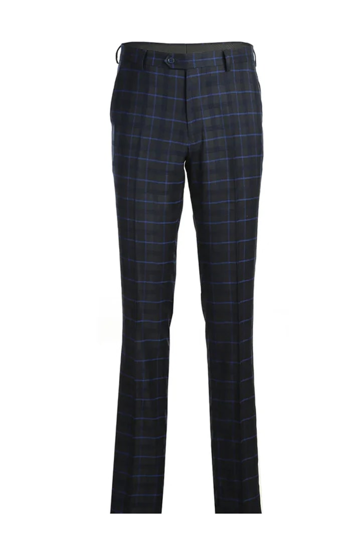 Cheap Suit - Mens Classic Fit Two Button Dark Blue Wide Suit Windowpane Plaid