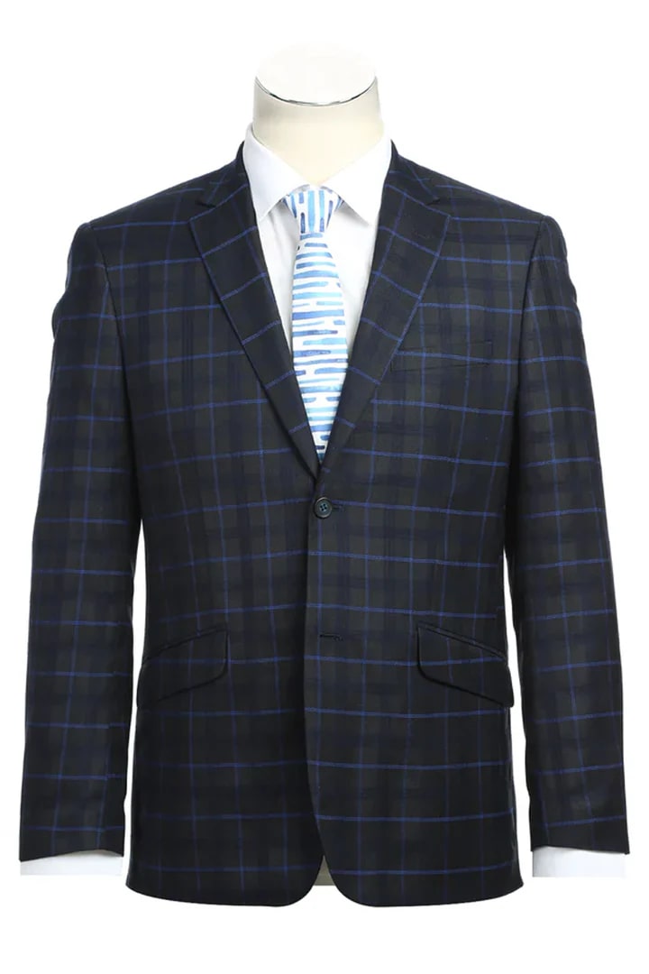 Cheap priced Suit - Mens Classic Fit Two Button Dark Blue Wide Suit Windowpane Plaid - 38 Short Jacket+32 Waist Adjustable 28to34)(Height: 5 4 to5 7 )(Neck  15-16.5)S-M)