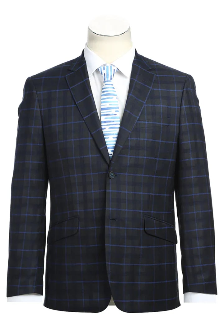 Cheap Suit - Mens Classic Fit Two Button Dark Blue Wide Suit Windowpane Plaid