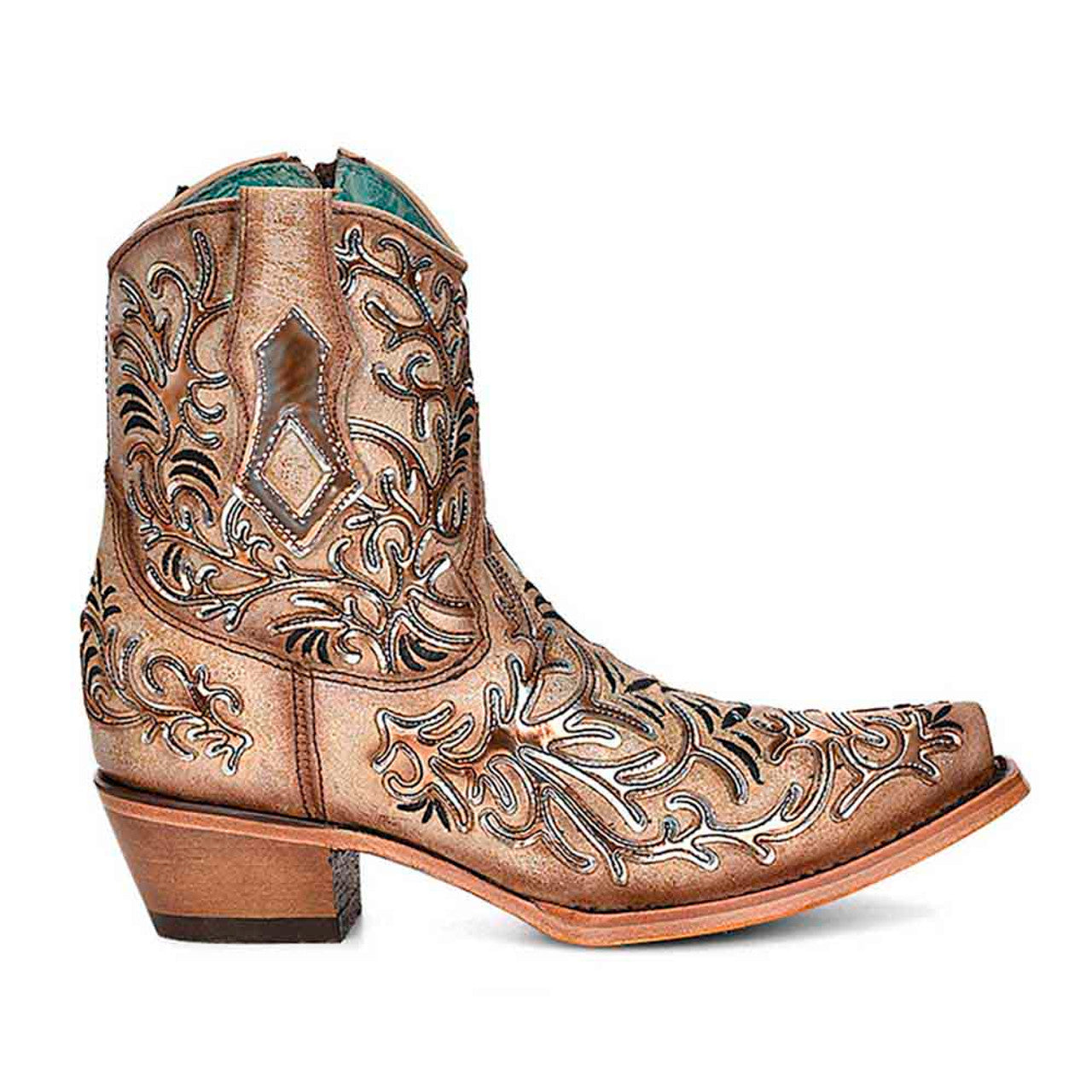 Corral Tan Ankle Booties with Dark Embroidery and Mirrored Overlay - 6