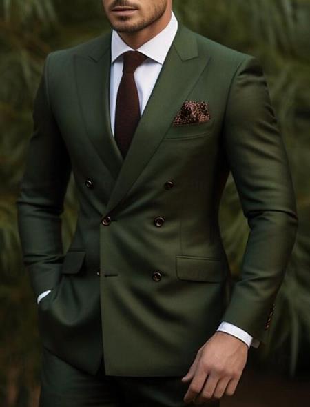 Men’s Dark Green Double Breasted Suit, Classic Formal Wedding Business Dress Suit
